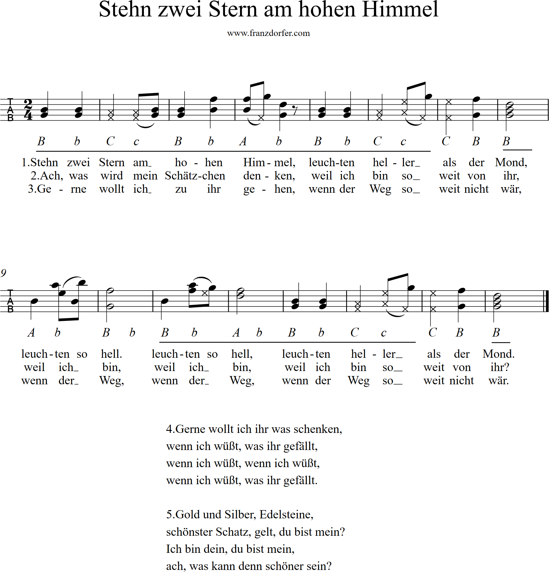 Ziachnoten für Steirische- Stehn zwei Stern griffschrift - Stehn zwei Stern